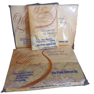 Vtg Sheet Set Whisper Soft Double Nylon Satin Lace Trim Flat Fitted Pillowcase